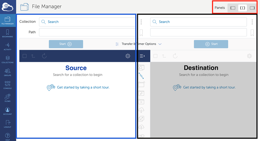 Globus file manager highlighting source and destination panes