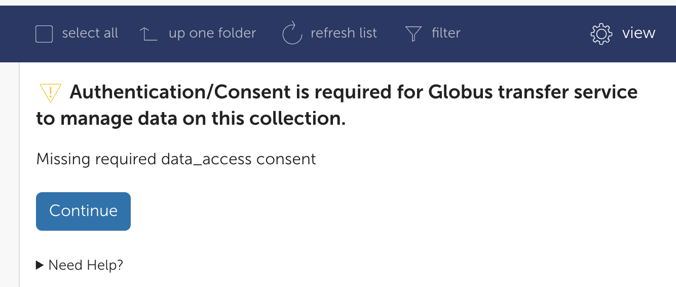 Authenticate into Globus Quest collection screen