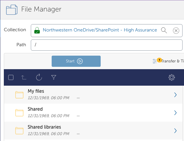 Globus file manager showing onedrive connector root directory
