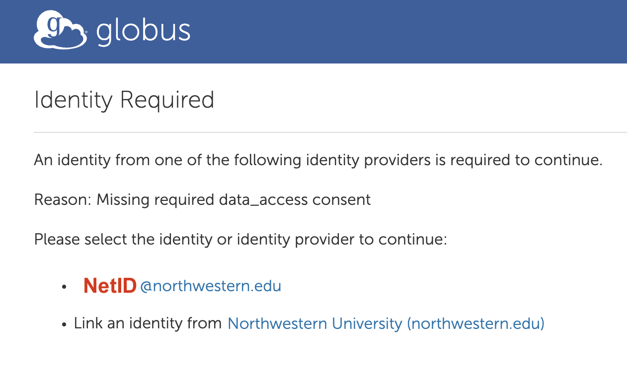 Screen where user selects a Northwestern identity