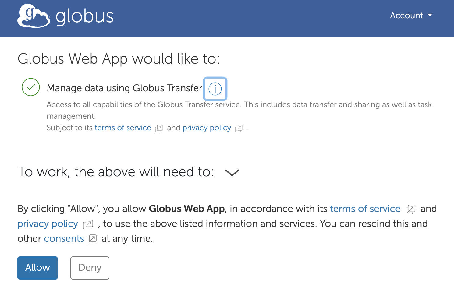 Consent to give Globus enough access to perform basic transfer and sharing functions
