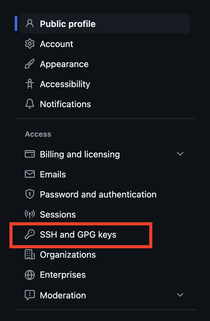 GitHub SSH Keys menu link