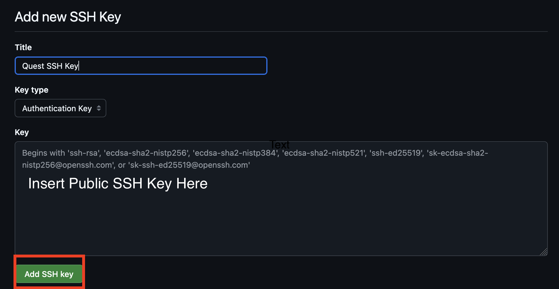 Insert Quest Public SSH Key