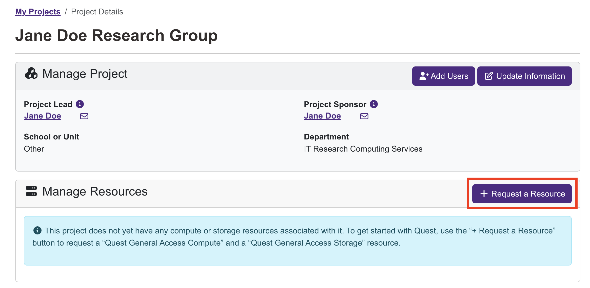 Image showing location of request a resource button on ColdFront Project page.
