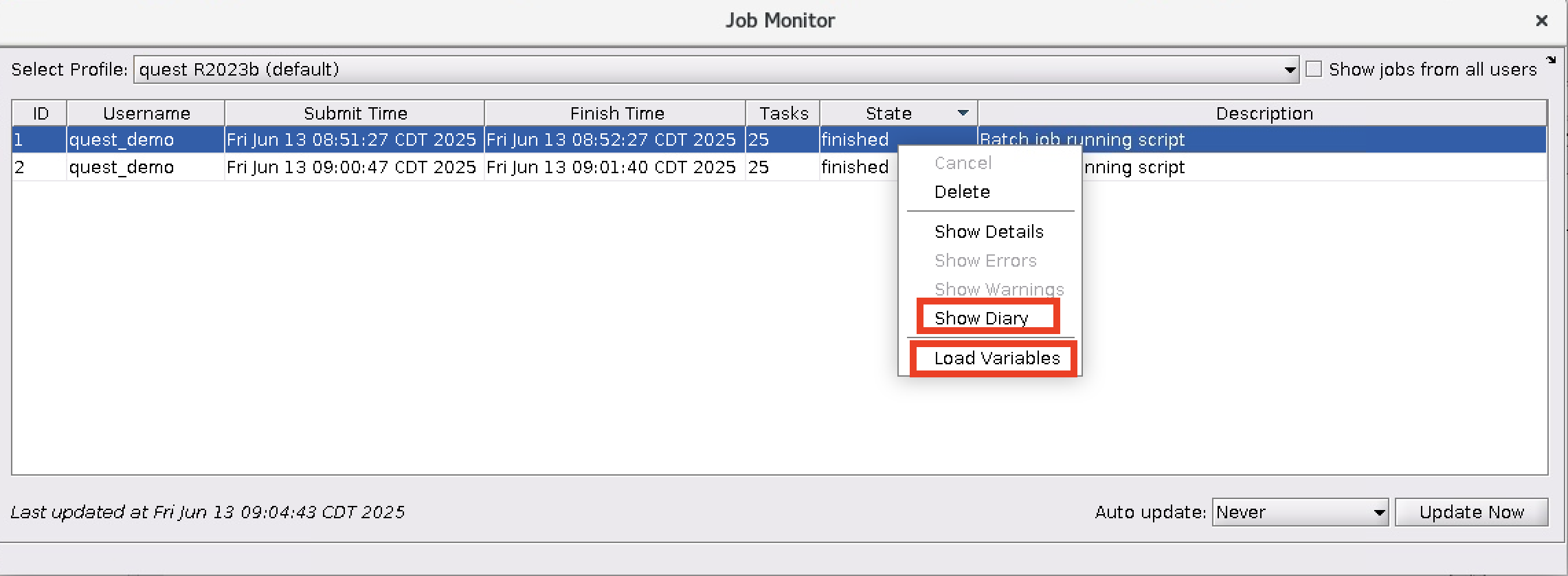 Job Monitor Options