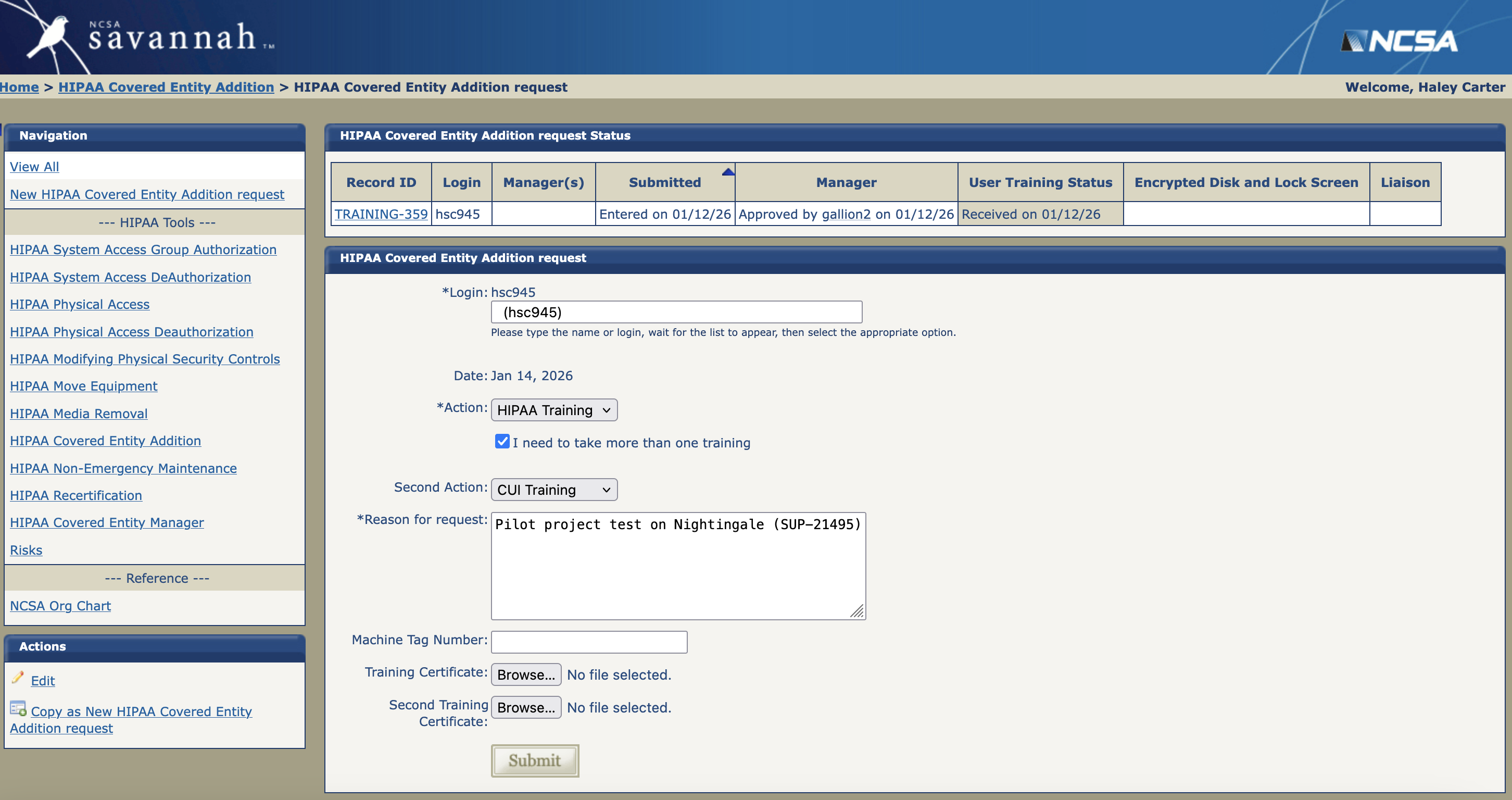 NCSA Upload Portal for HIPAA and CUI Trainings