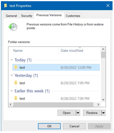 Windows File Explorer window in the Previous Versions tab