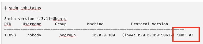 output of smbutil command with smb version highlighted in shell