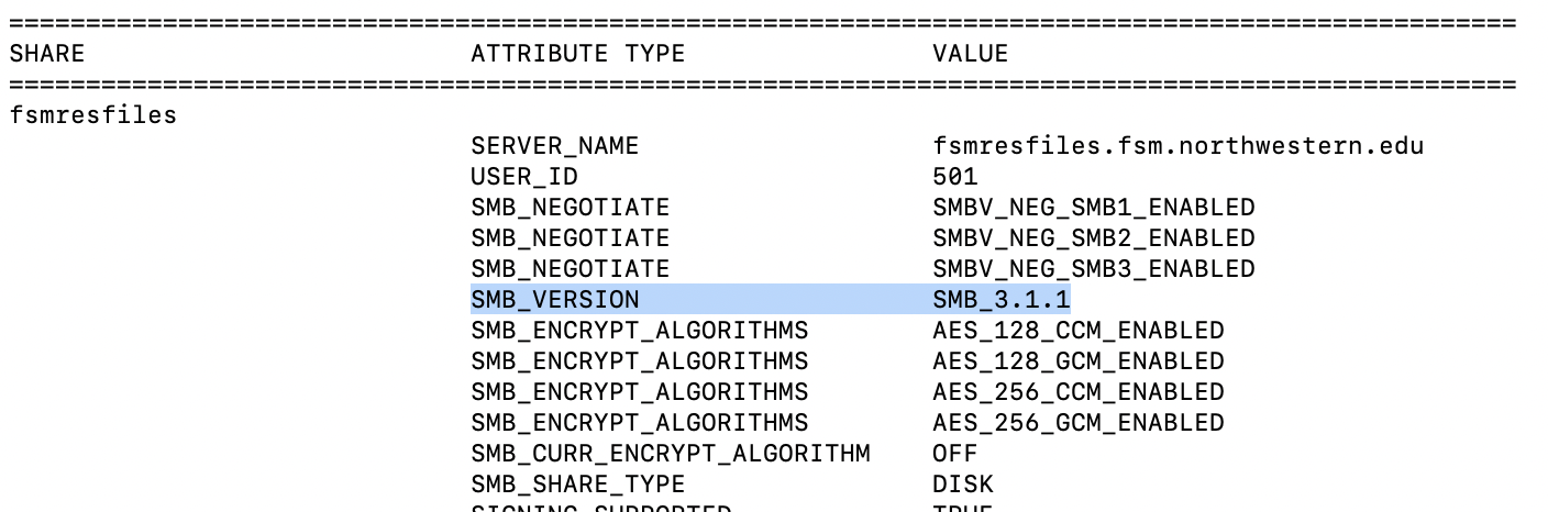 output of smbutil command with smb version highlighted in terminal