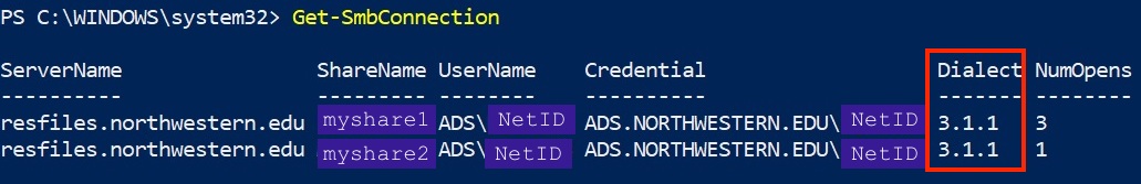 output of smbutil command with smb version highlighted in PowerShell